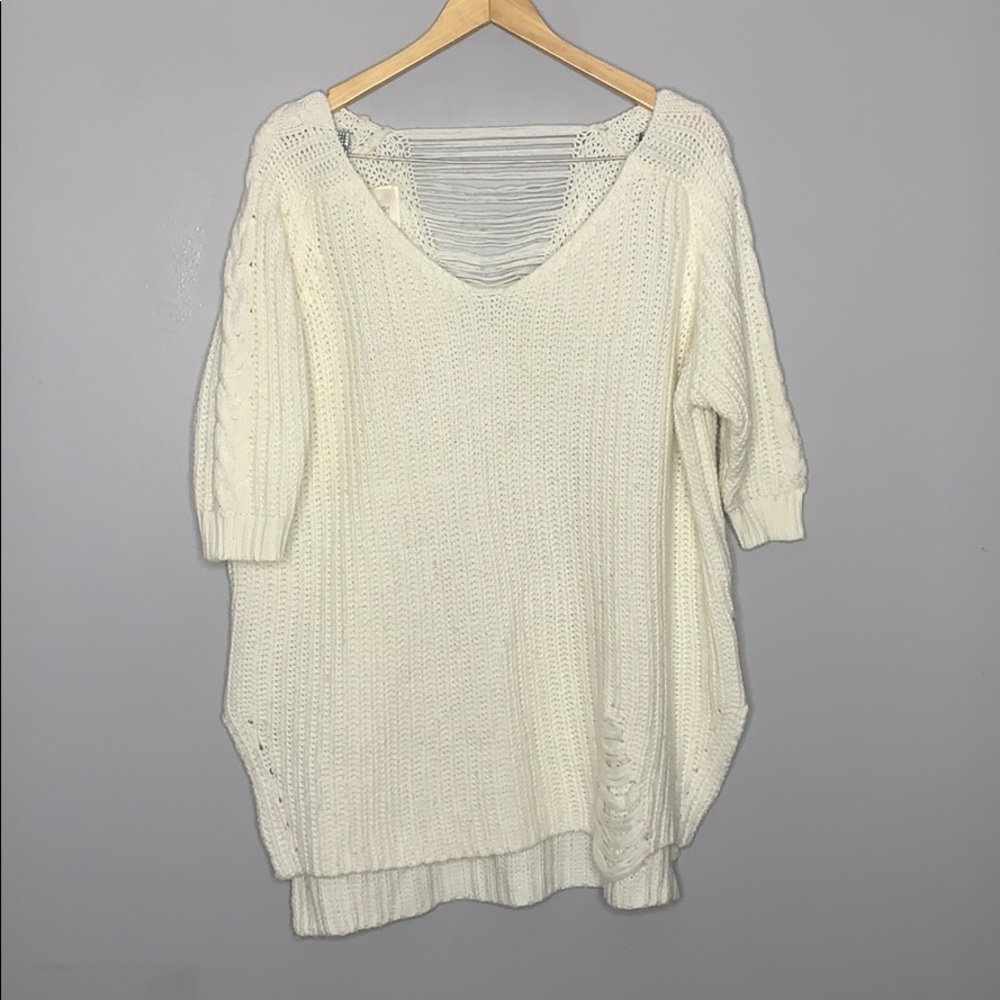 Distressed White Oversized Knit Sweater Medium